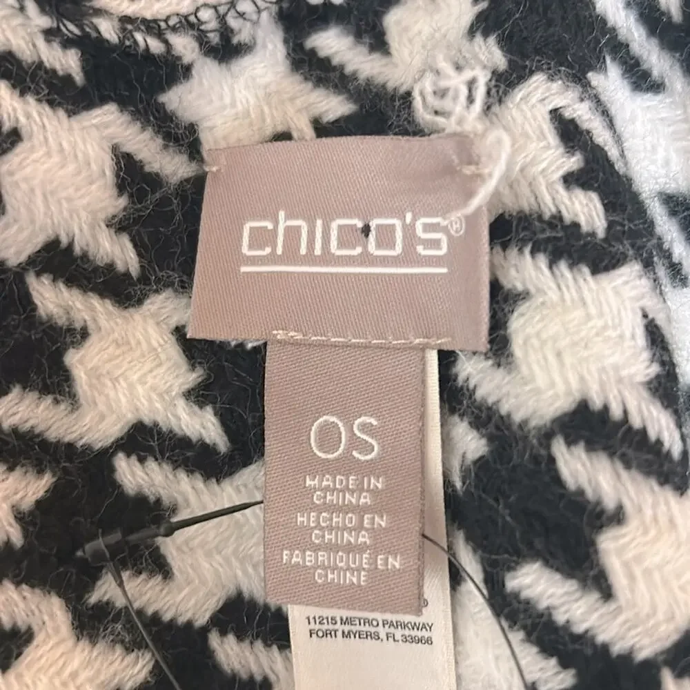 NEW Chico’s black white houndstooth checked fringe sweater shawl